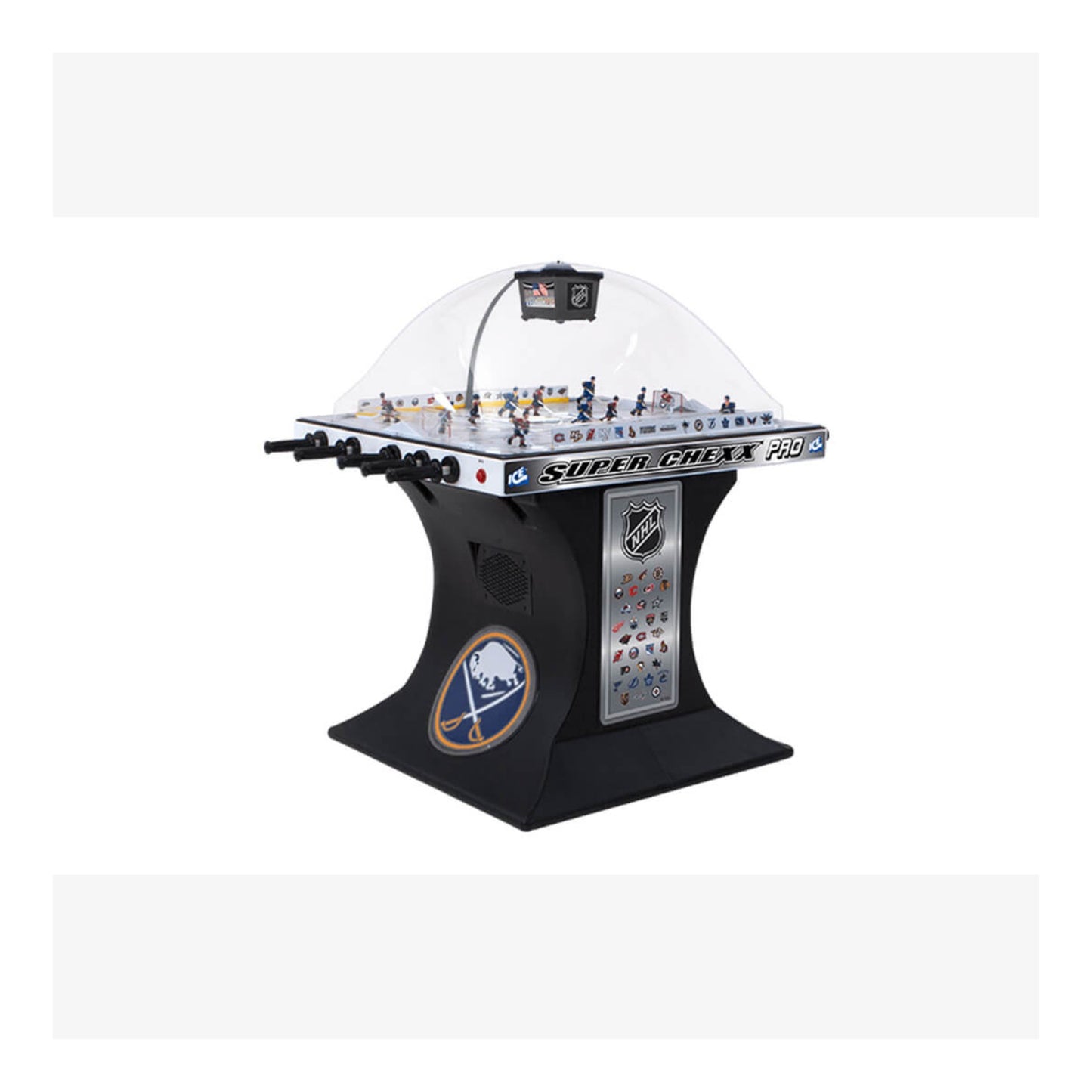 The Super Chexx Pro NHL Licensed Dome Hockey in black, viewed from the front, showcasing the Jumbotron, indestructible lexan dome, and arcade-quality cabinet.