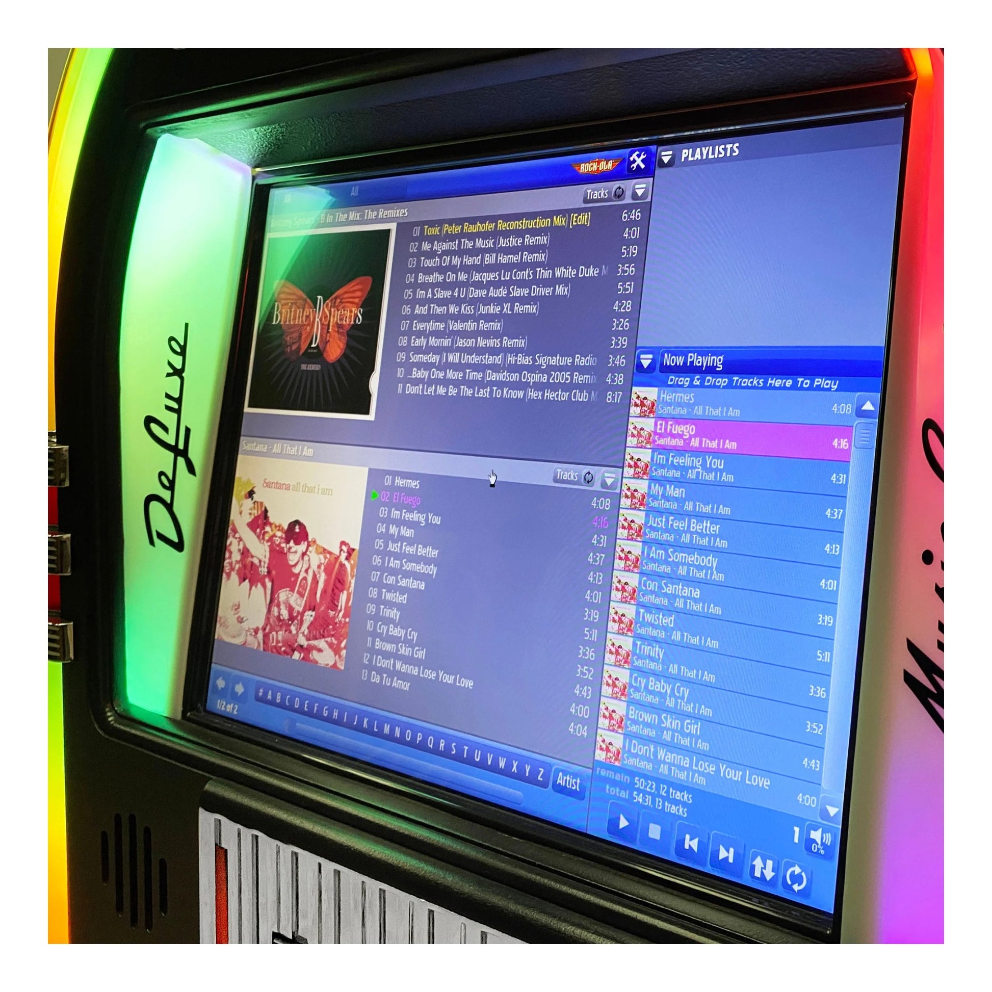 Vintage-style music player with a colorful display showing music tracks and album art.