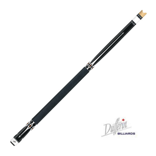 view of the Dufferin 300 Midnight Series Model 323 pool cue featuring a high-gloss black finish with exquisite white point details