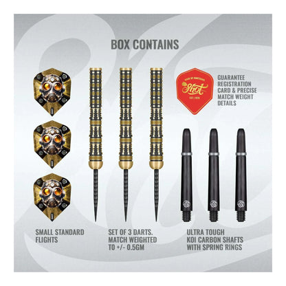 The Badlands Sheriff dart set displayed in its official Shot Darts packaging, available for sale at Kingston Billiards and Games.