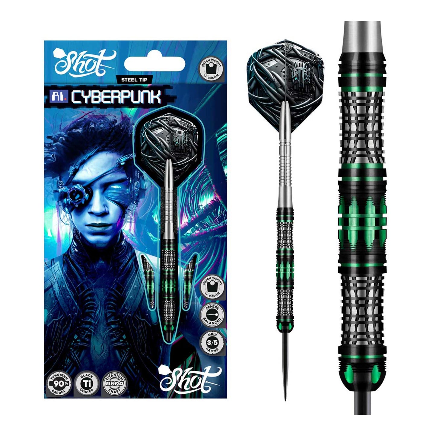 Side profile of the straight, center-weighted Shot AI Cyberpunk dart, highlighting the slotted bull-style nose.