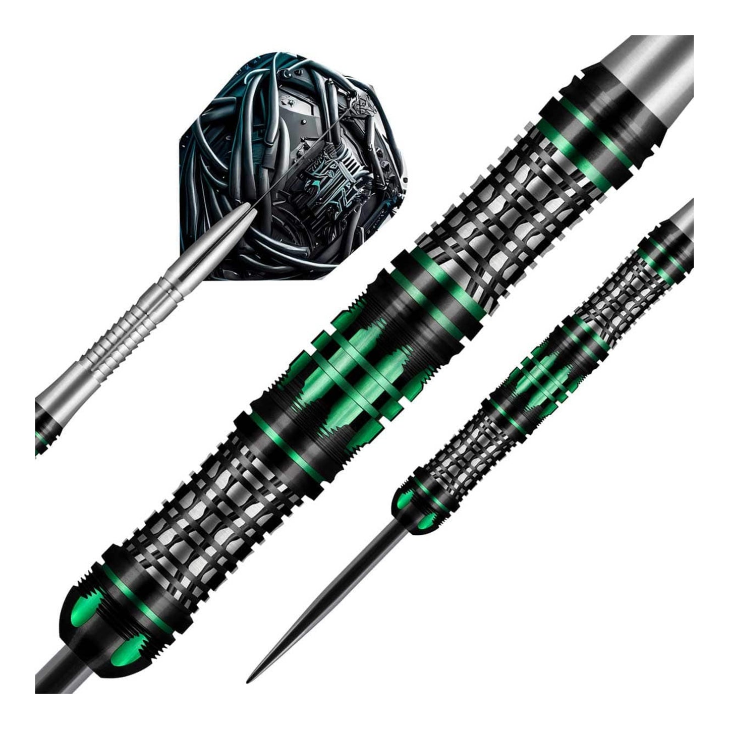 A close-up of the Shot AI Cyberpunk dart barrel, detailing the dual-scallop "Terminus" grip and the "data-stream matrix" texture.