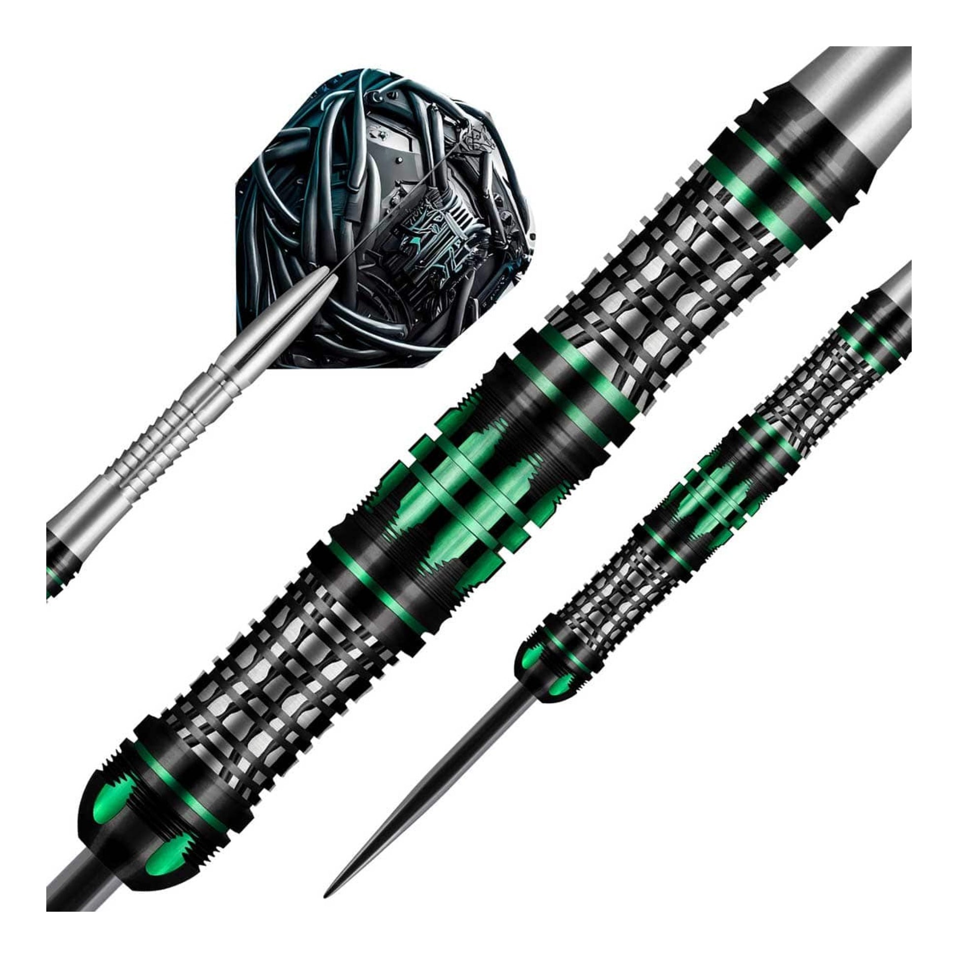 A close-up of the Shot AI Cyberpunk dart barrel, detailing the dual-scallop "Terminus" grip and the "data-stream matrix" texture.