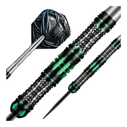 A close-up of the Shot AI Cyberpunk dart barrel, detailing the dual-scallop "Terminus" grip and the "data-stream matrix" texture.