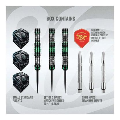 The complete Shot AI Cyberpunk steel tip dart set, showing three 90% tungsten barrels with viridian green details, Mako Titanium shafts, and Cyberpunk flights.