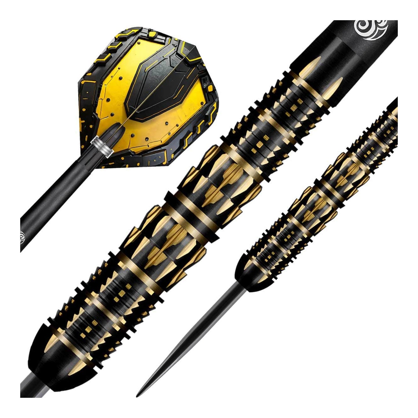 A close-up of the Shot AI Mecha dart barrel, detailing the complex "Titan" grip, a fusion of shark, square, and v-cuts in a black titanium coating.