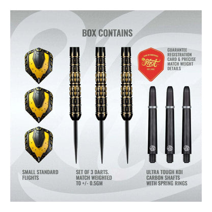 The complete Shot AI Mecha steel tip dart set, showing three 90% tungsten barrels, Koi Carbon shafts, and AI Mecha flights.