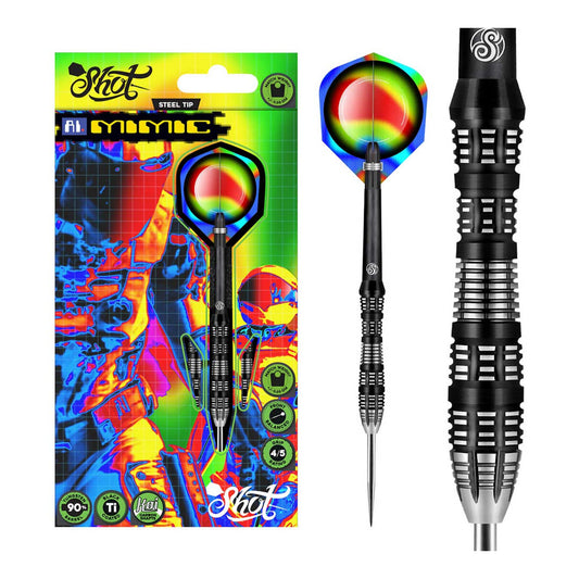 A close-up of the Shot AI Replicant 90% tungsten dart barrel, showing the black titanium coating and electric blue milled grip.