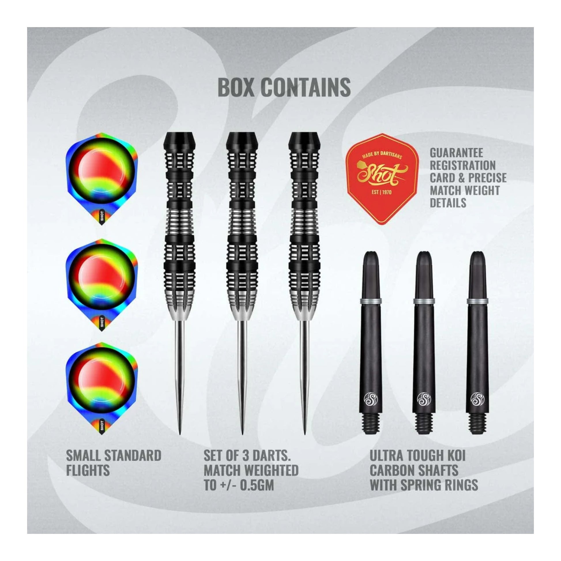 The complete Shot AI Replicant dart set, including three darts, Tao Carbon shafts, and AI Replicant flights.