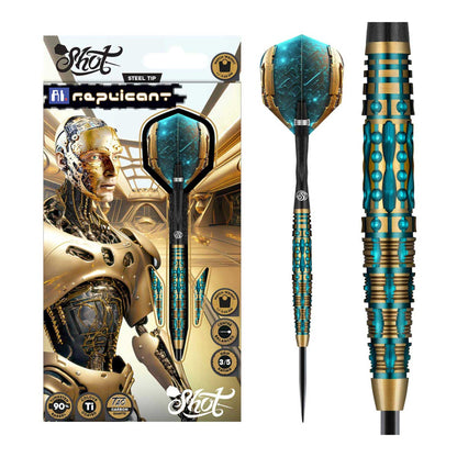 Shot Steel Tip darts with replicant packaging on a white background