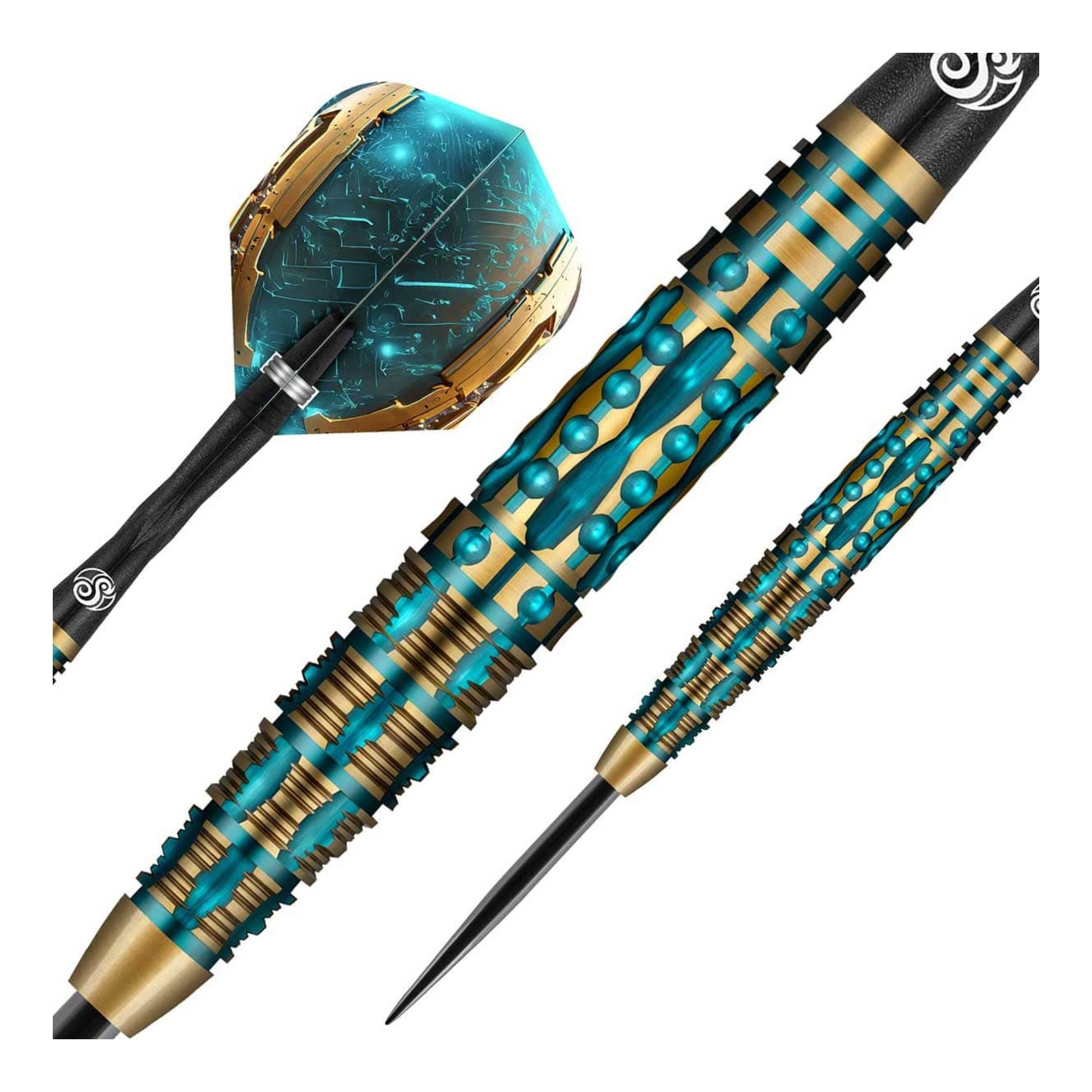 Decorative darts with blue and gold design on a white background