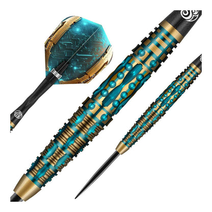 Decorative darts with blue and gold design on a white background