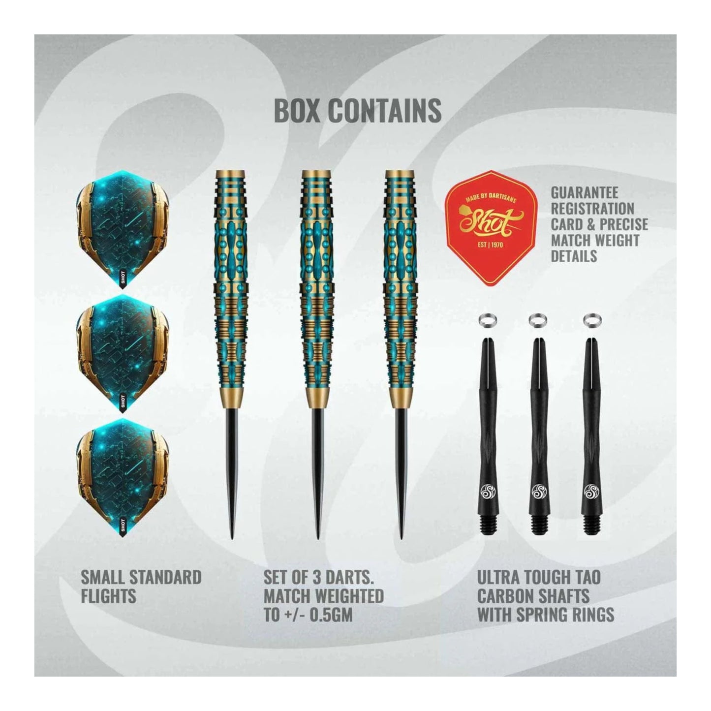 Set of darts with flights and carbon shafts on a branded packaging background