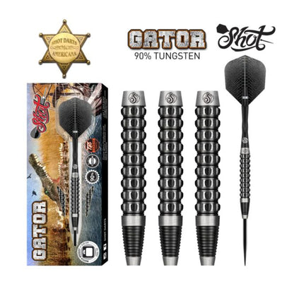 Detailed view of the Shot Americana Gator 90% Tungsten dart set components and packaging.