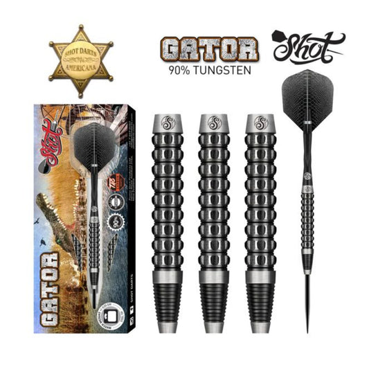 Detailed view of the Shot Americana Gator 90% Tungsten dart set components and packaging.