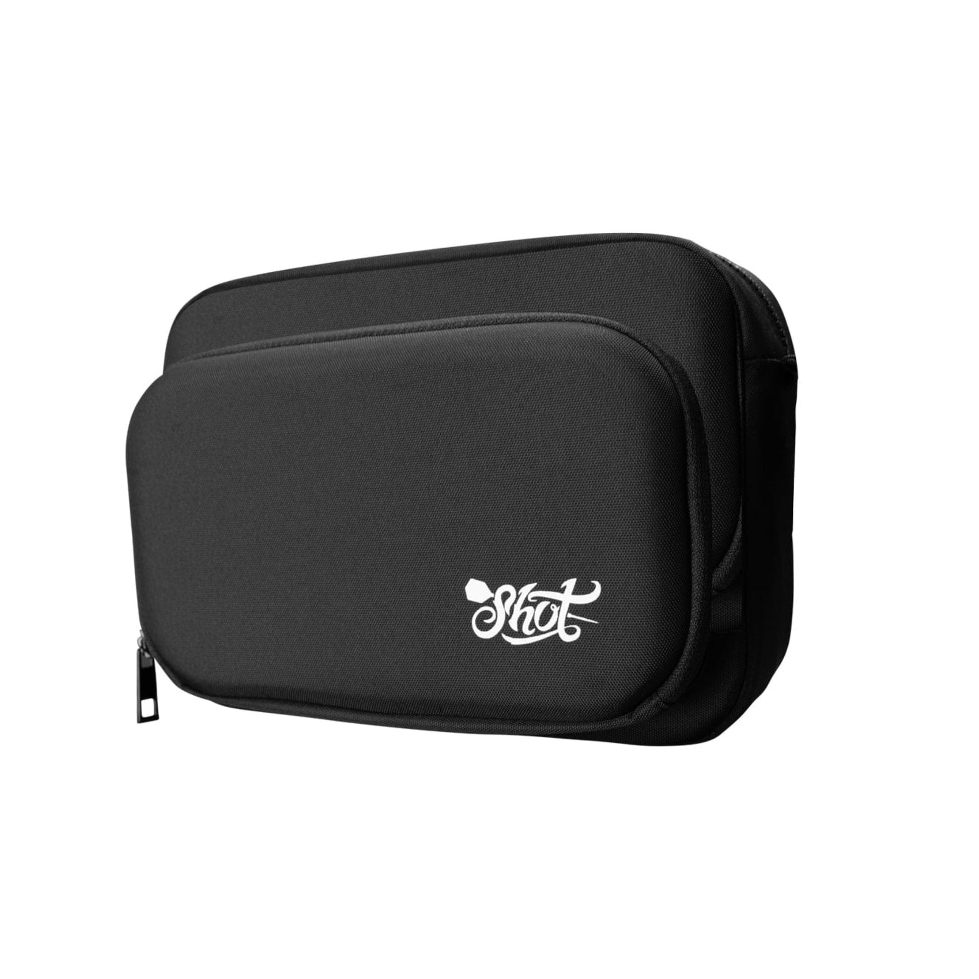 Side profile of Shot Darts Go Bag showing 140mm depth and zipper detail
