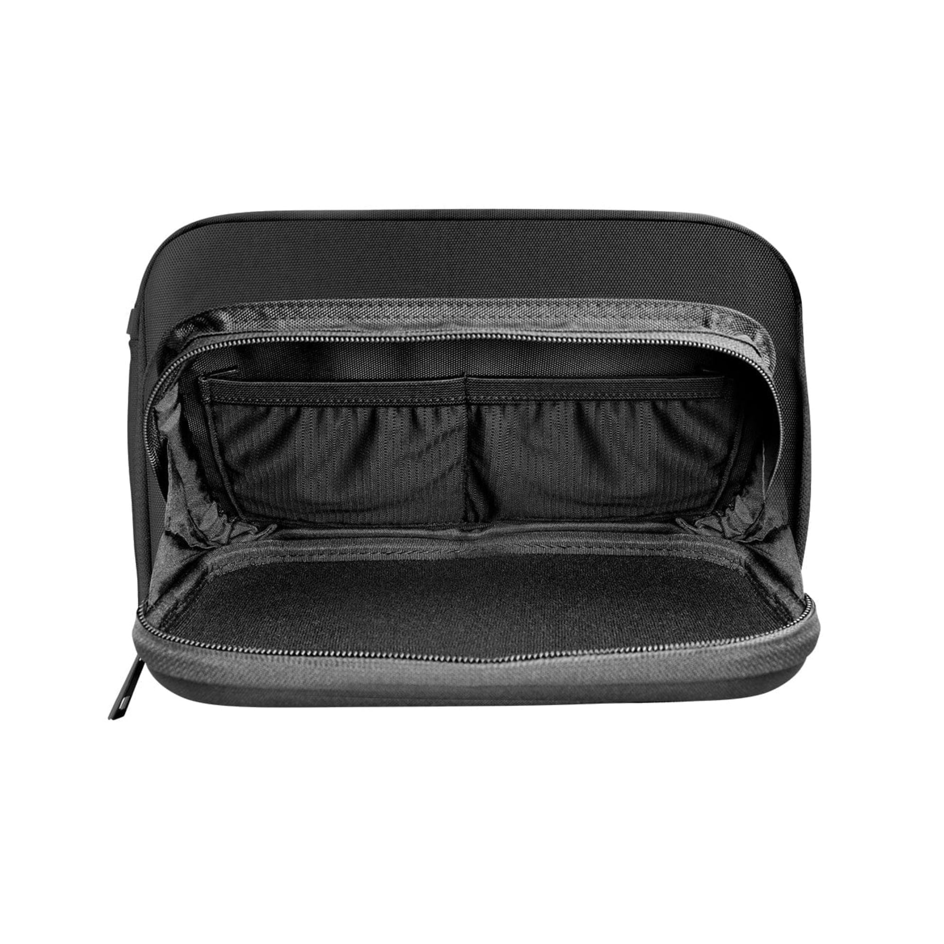 Side profile of Shot Darts Go Bag showing 140mm depth and zipper detail