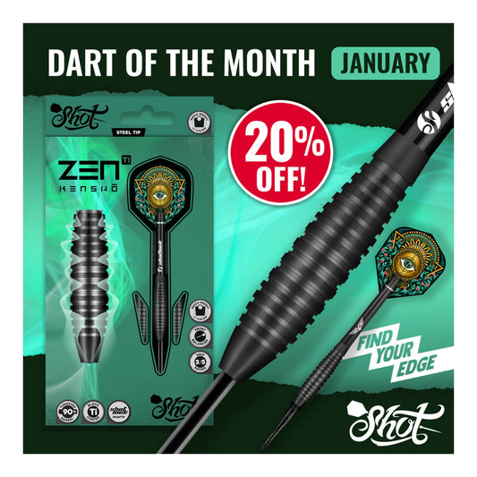 Shot Zen Kensho darts packaging showing flights shafts and barrels January Ad