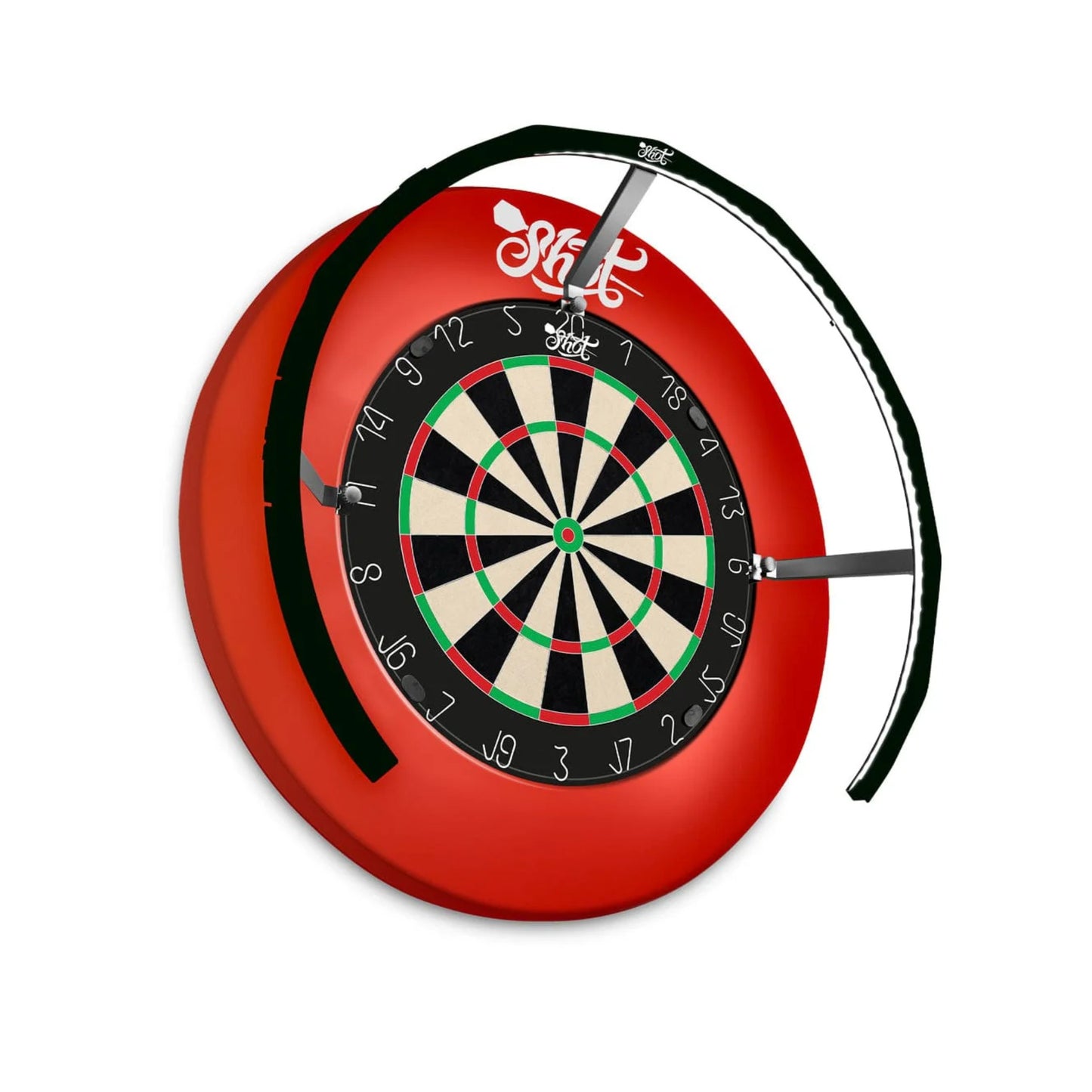 Angled view of Lumen Core dartboard light showing thin profile