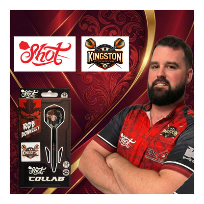 Collaboration between Sho, Kingston Billiards and Games and Rob Donnelly on a red and gold background.