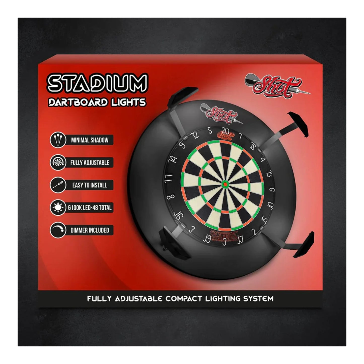 Packaging box for Shot Stadium Dartboard Lights showing components