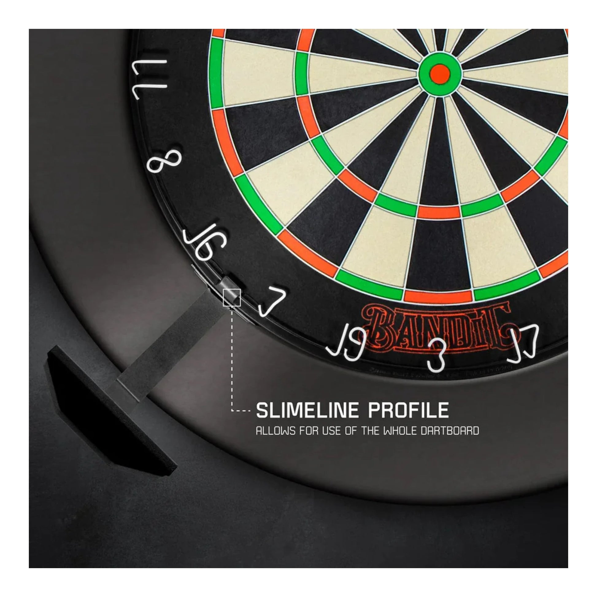 Dartboard with a focus on the slimline profile feature of the staduim light