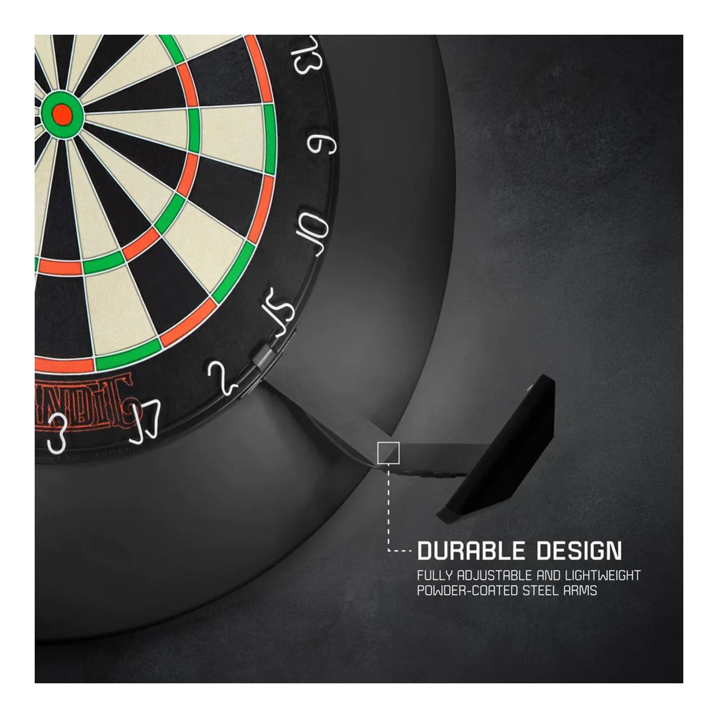 Dartboard with a dart on a dark background, highlighting durable design features.