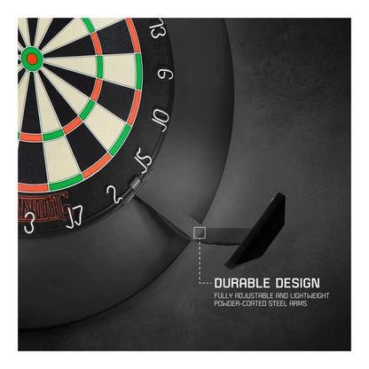 Dartboard with a dart on a dark background, highlighting durable design features.