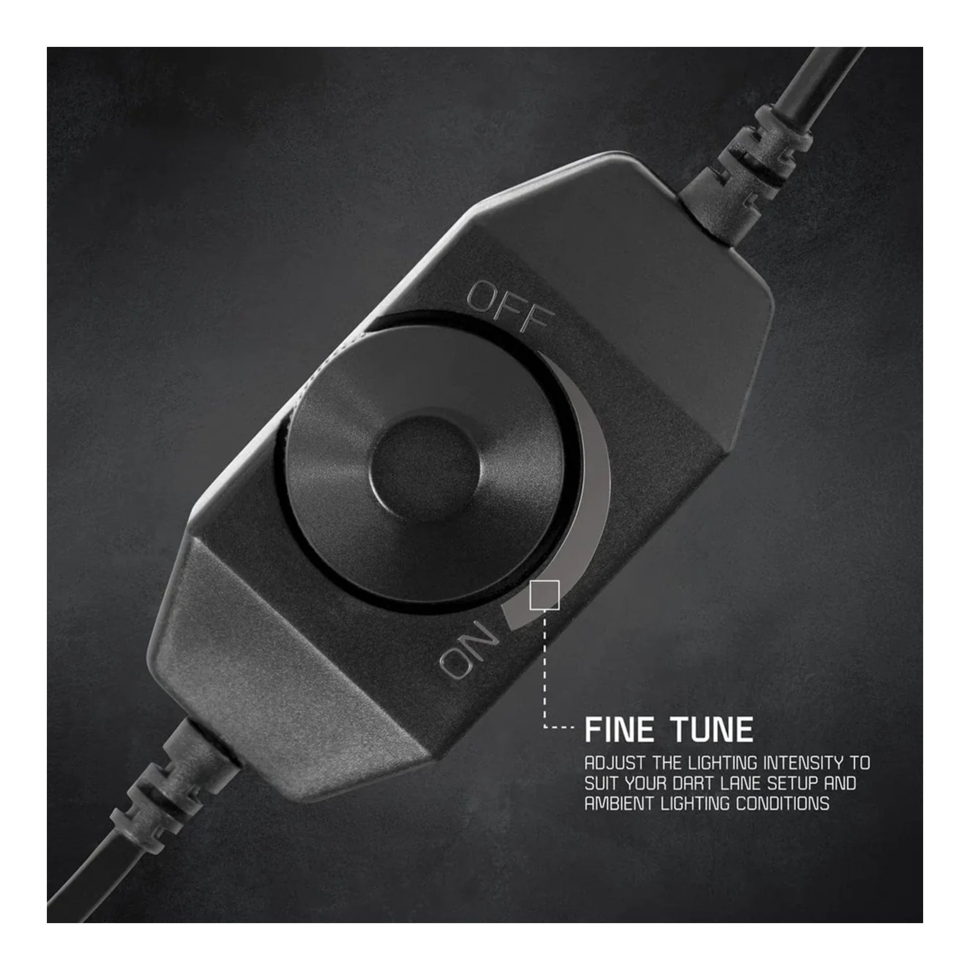 Black light intensity control switch with 'ON' and 'OFF' labels on a dark background.