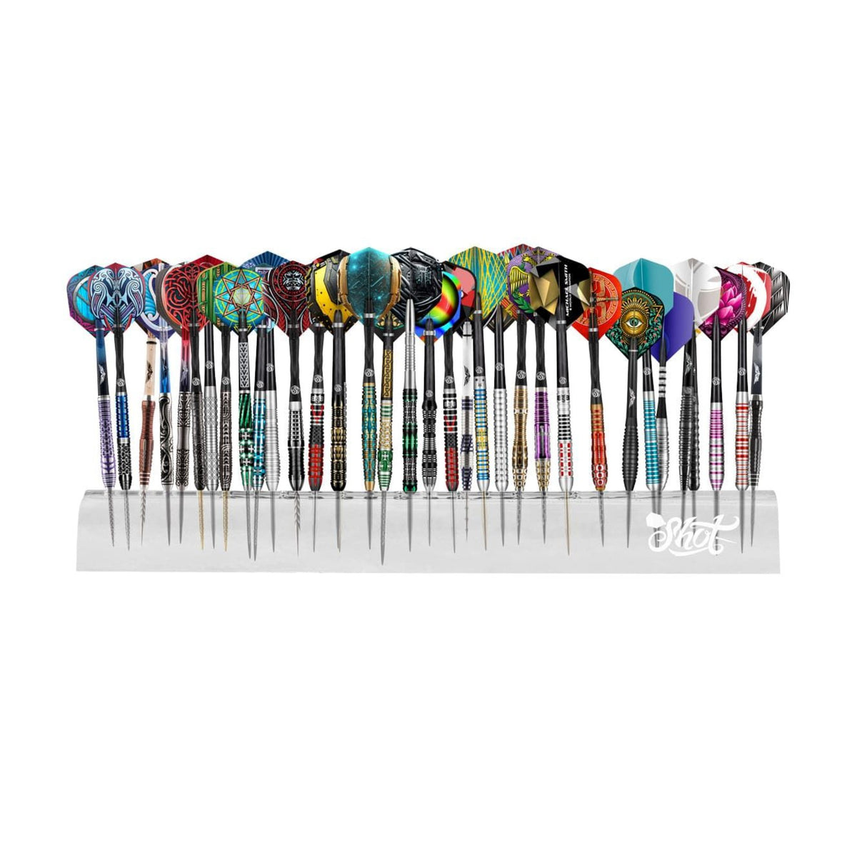 Clear acrylic Shot Darts Stand displaying multiple sets of colorful darts in a game room setting.