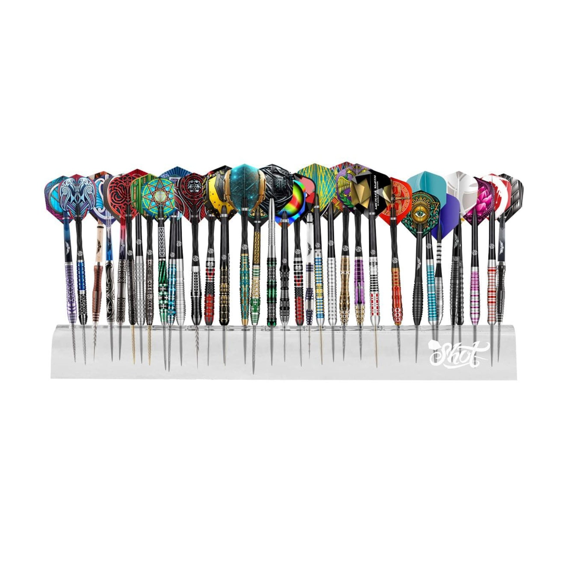 Clear acrylic Shot Darts Stand displaying multiple sets of colorful darts in a game room setting.