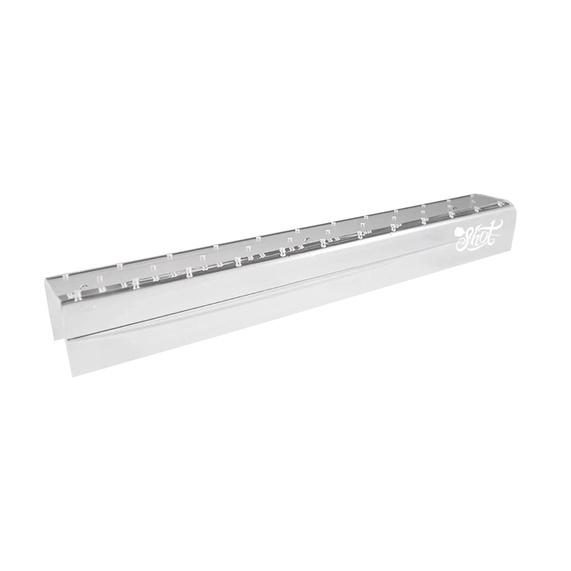 Angled view of an empty clear acrylic wall-mountable dart holder showing laser-etched Shot logo.