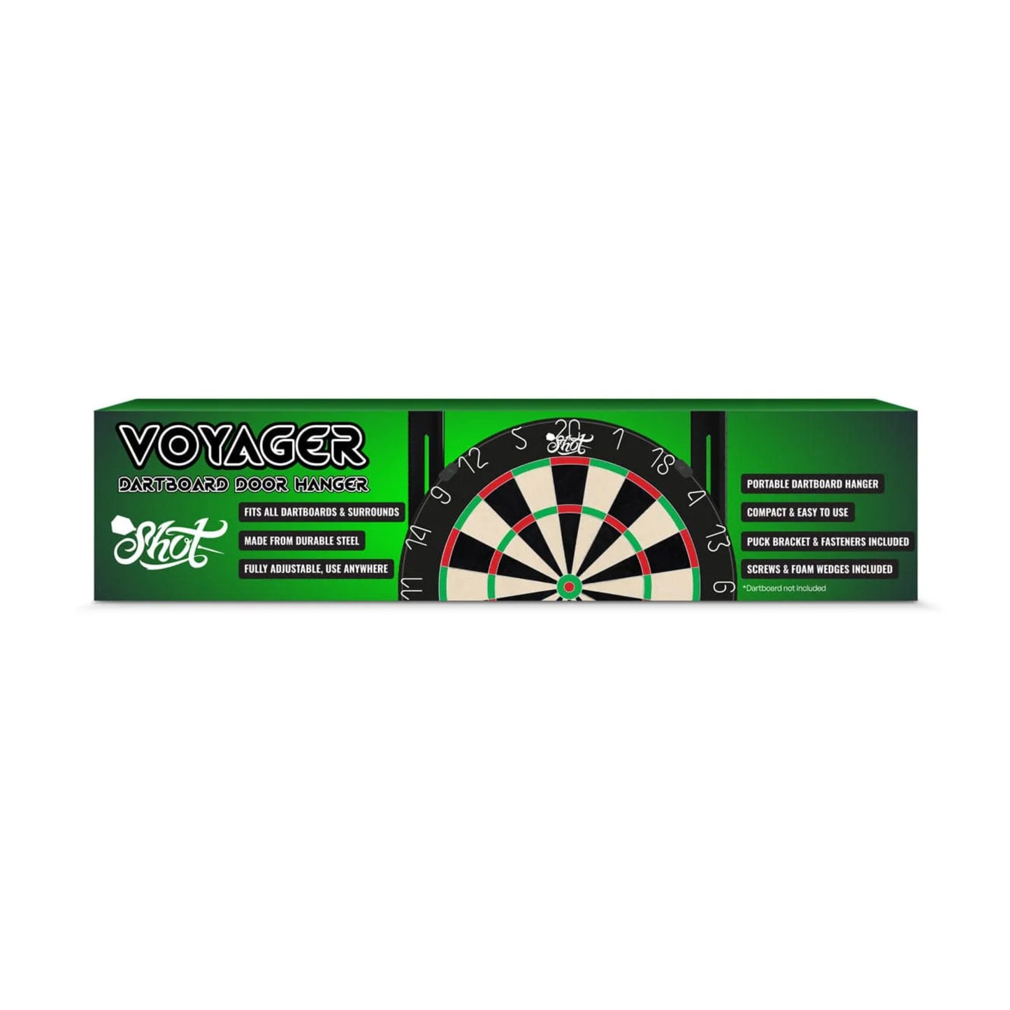 Complete retail packaging for the Voyager Dartboard Door Hanger, highlighting all included components and the lightweight 1.6kg design.
