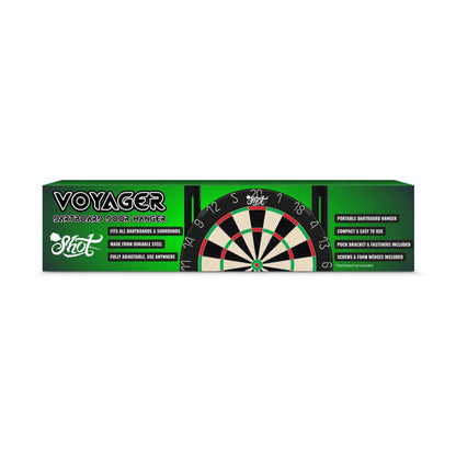 Complete retail packaging for the Voyager Dartboard Door Hanger, highlighting all included components and the lightweight 1.6kg design.