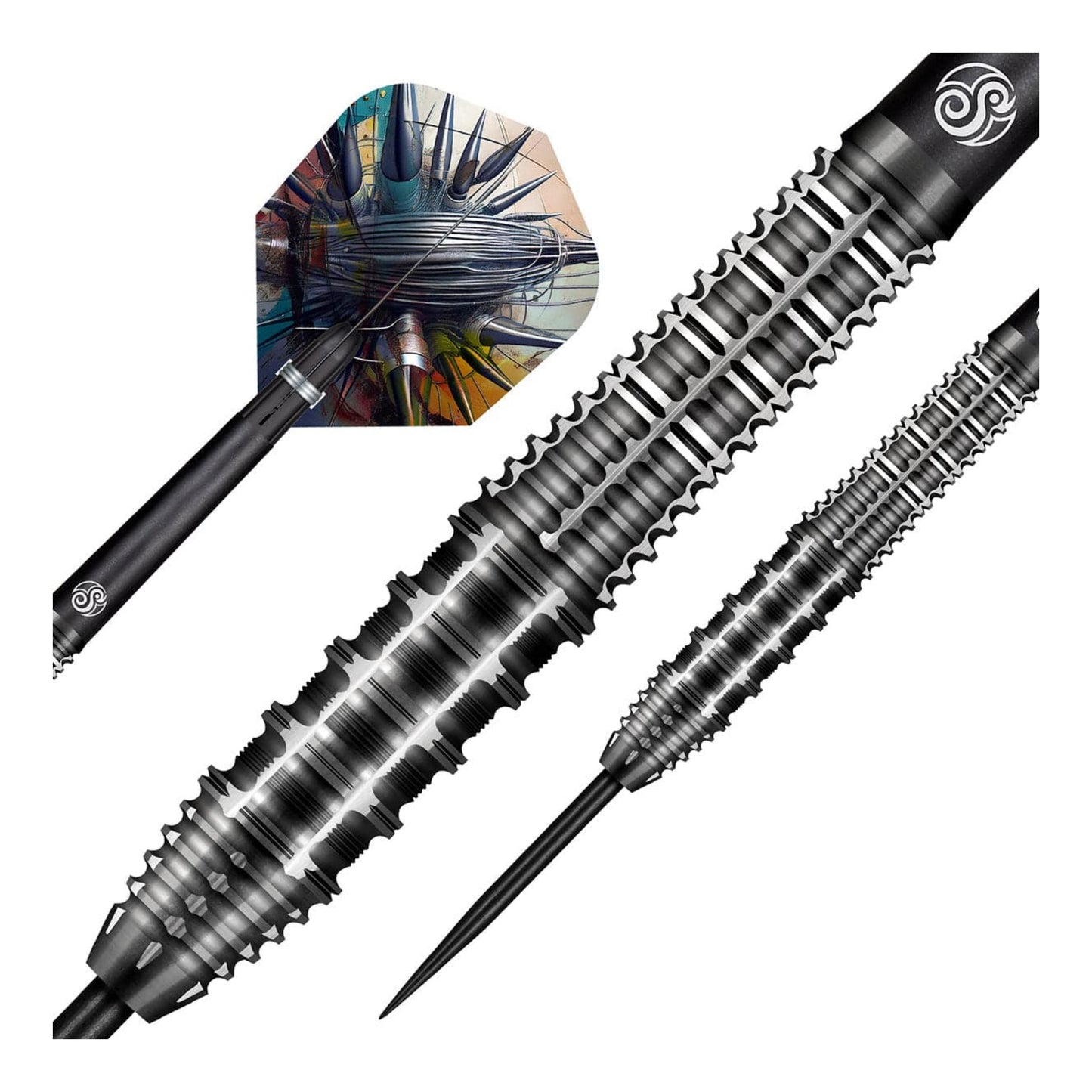 A close-up macro shot of the Shot Gnarly Rippah dart barrel, detailing the aggressive "Pillar Ring" front grip and the savage rear V-cuts.