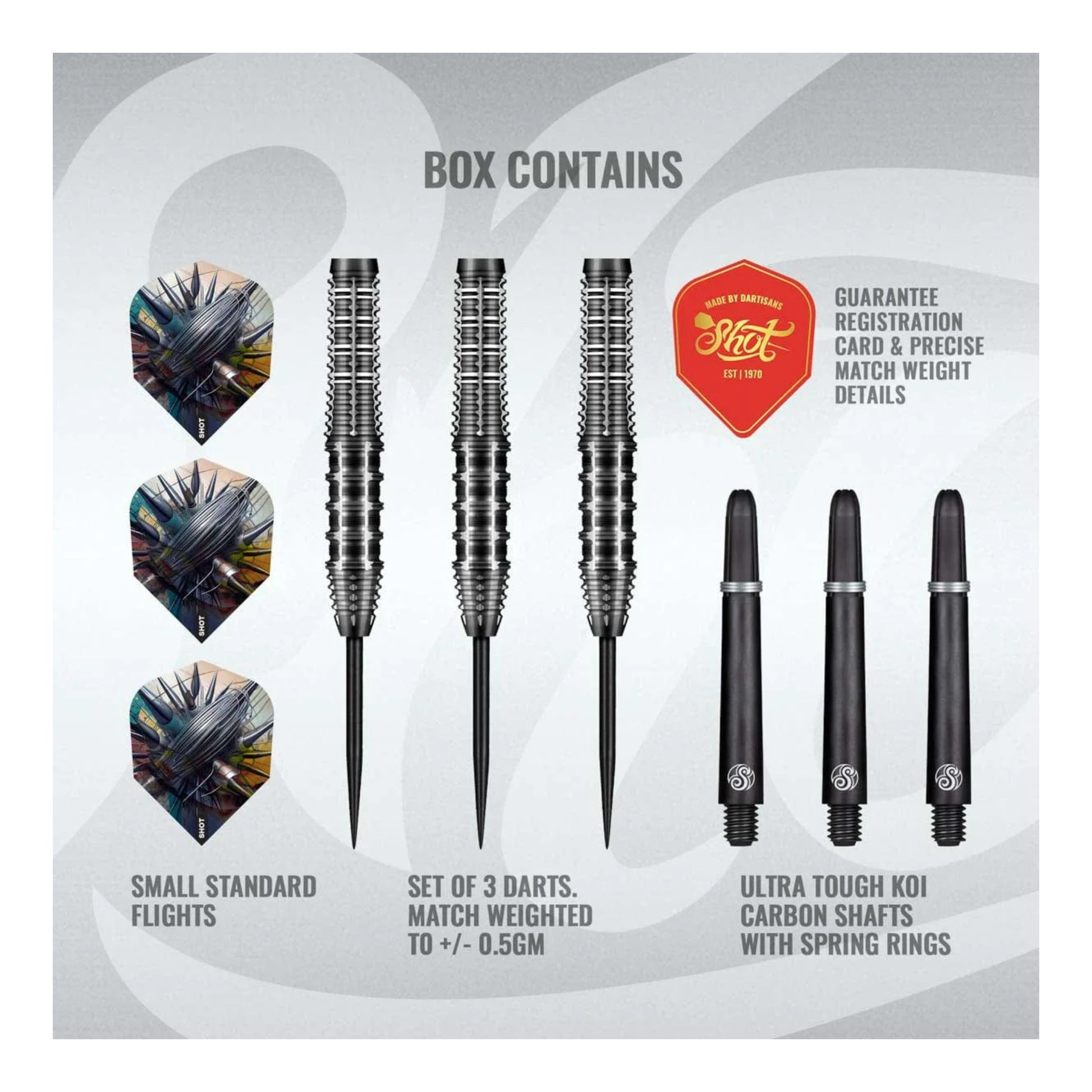 The complete Shot Gnarly Rippah steel tip dart set, showing three 90% tungsten barrels with extreme 6/5 grip, Koi Carbon shafts, and Gnarly Rippah flights.