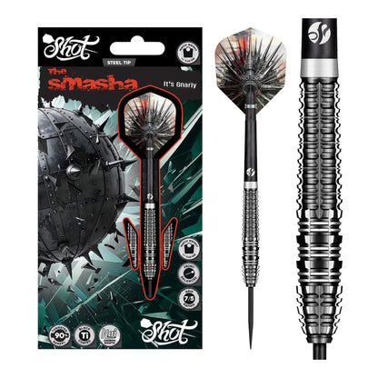 Side profile of the straight, center-weighted Shot AI Cyberpunk dart, highlighting the slotted bull-style nose.