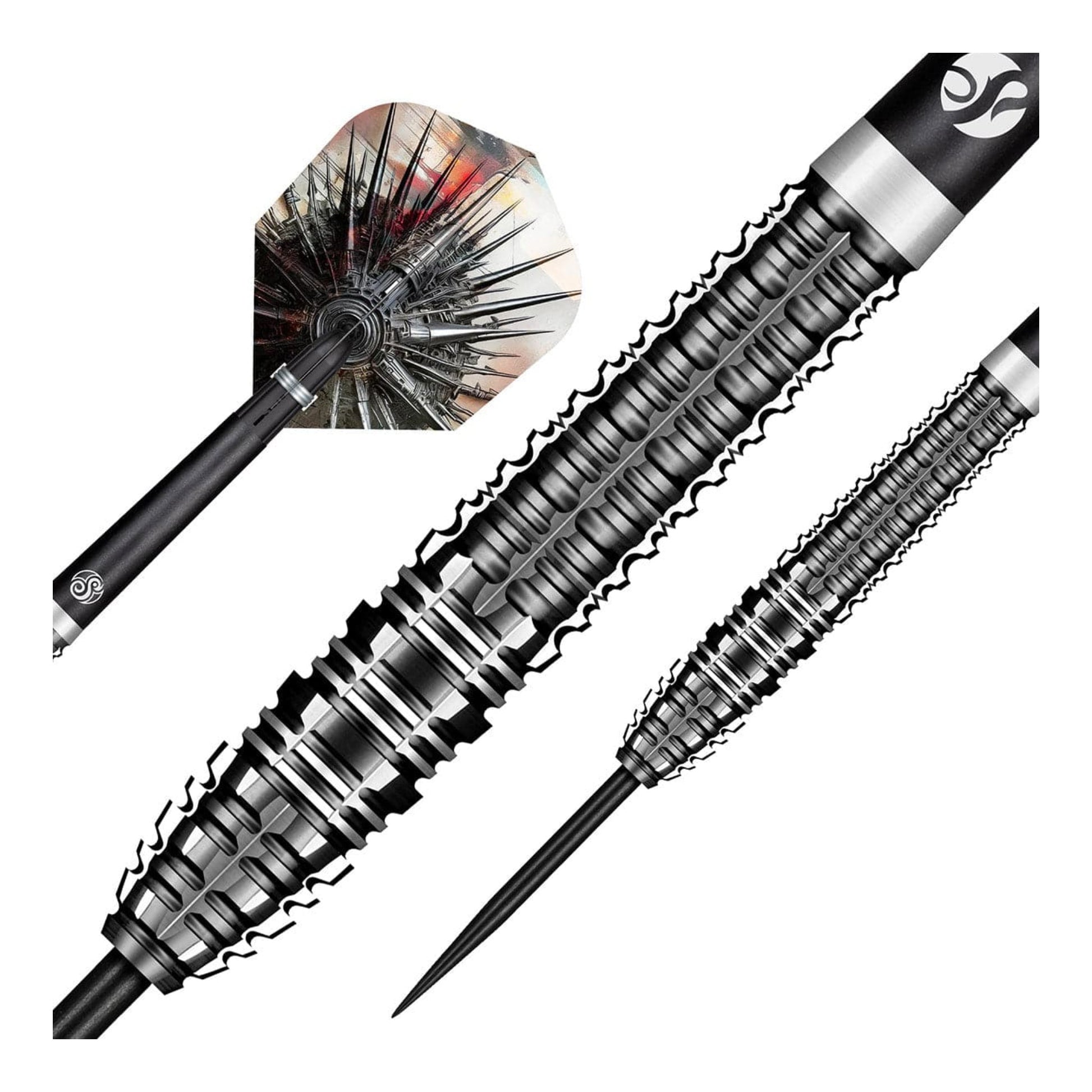 A close-up of the Shot AI Cyberpunk dart barrel, detailing the dual-scallop "Terminus" grip and the "data-stream matrix" texture.