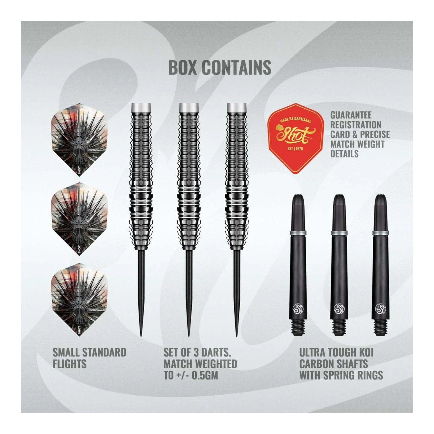 The complete Shot AI Cyberpunk steel tip dart set, showing three 90% tungsten barrels with viridian green details, Mako Titanium shafts, and Cyberpunk flights.