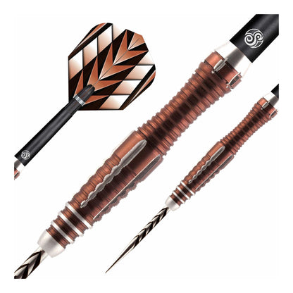Close up of Tribal Weapon 1 Series dart barrel showing copper titanium coating and hybrid pyramid grip