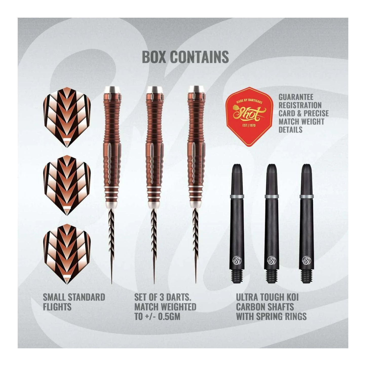 Three Tribal Weapon 1 Series darts with black carbon shafts on dark background