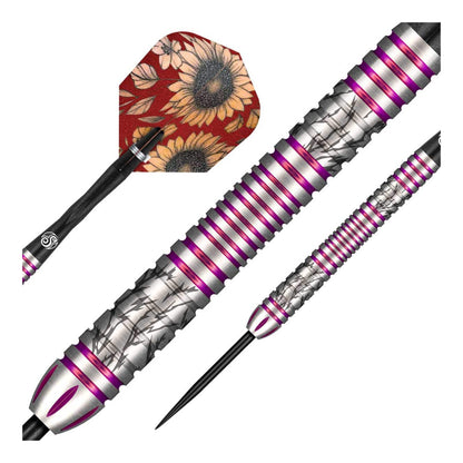 Close up of Barbora Hospodarska dart barrel showing fuchsia PCT coating and ring grip