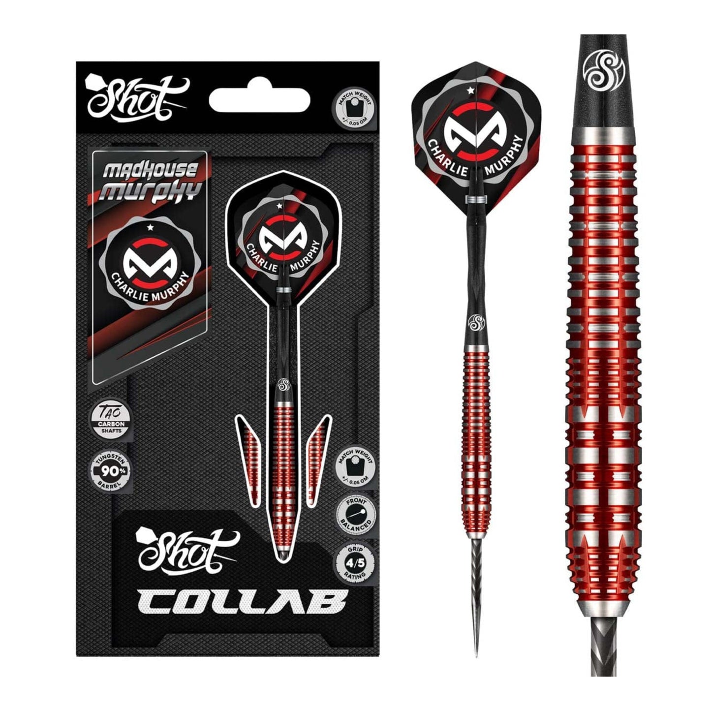 Three Charlie Murphy torpedo shaped darts with black carbon shafts on dark background