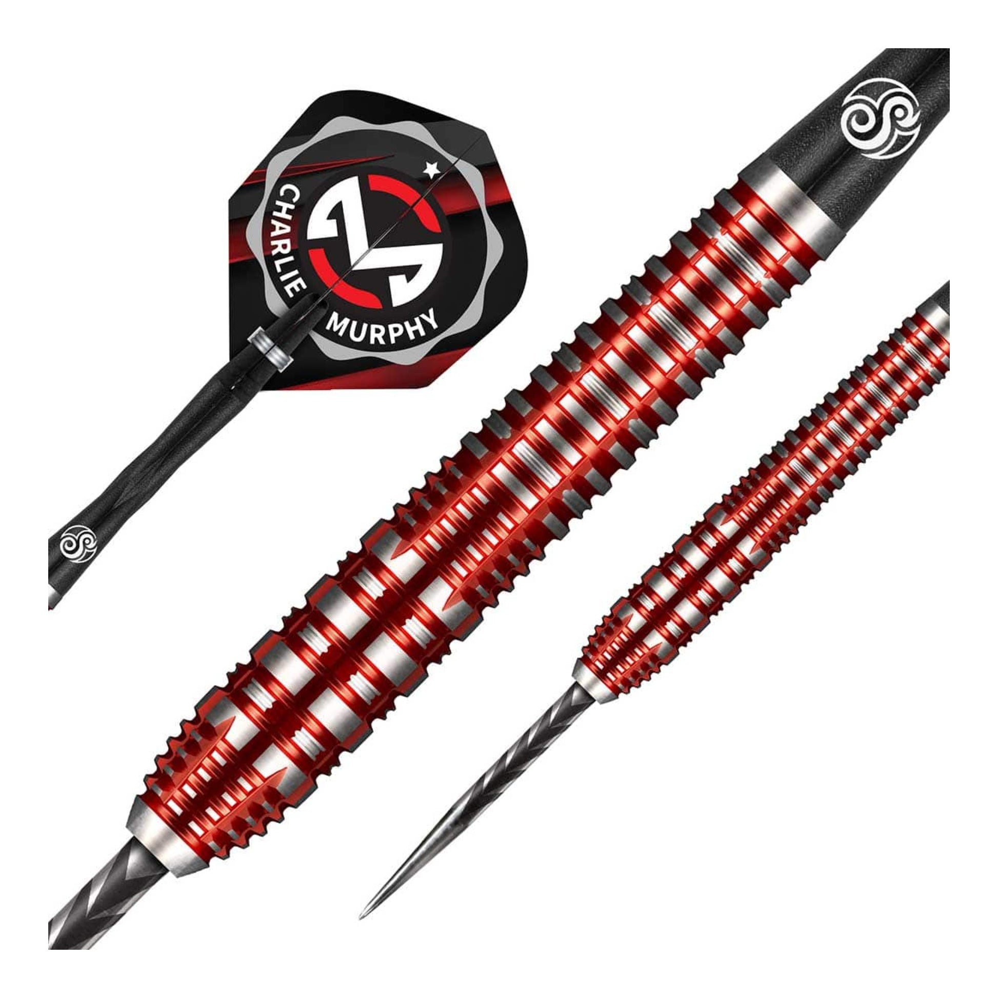 Close up of Charlie Murphy dart barrel showing red PCT coating and grid ring grip