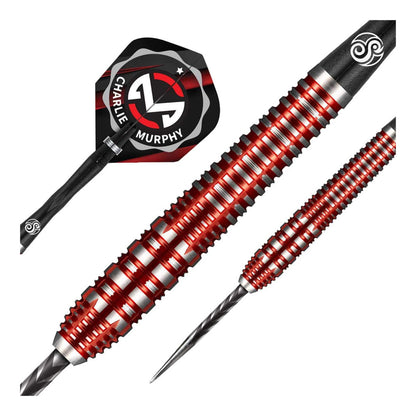 Close up of Charlie Murphy dart barrel showing red PCT coating and grid ring grip