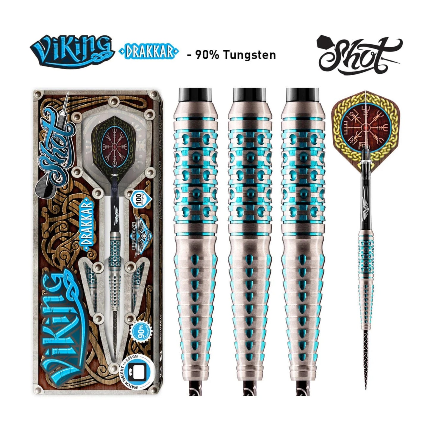 Full set of Shot Viking Drakkar steel tip darts with flights and shafts on display background