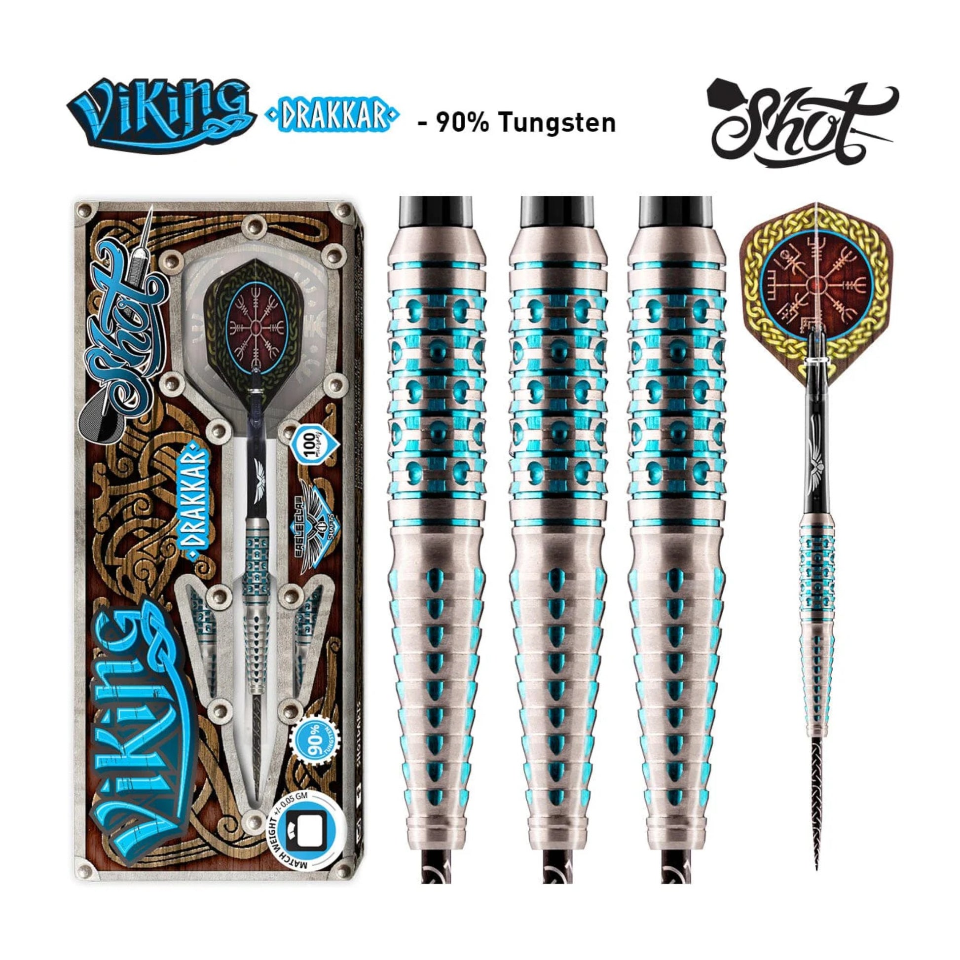 Full set of Shot Viking Drakkar steel tip darts with flights and shafts on display background