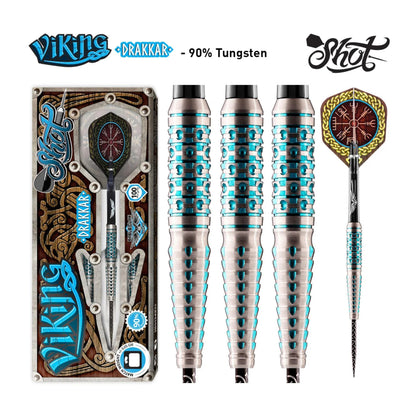 Full set of Shot Viking Drakkar steel tip darts with flights and shafts on display background