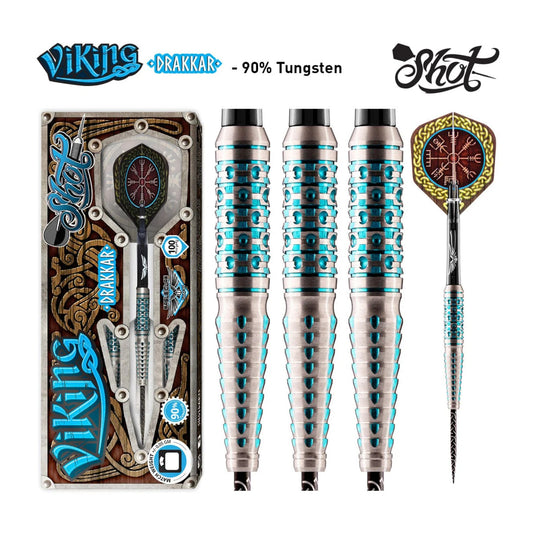 Full set of Shot Viking Drakkar steel tip darts with flights and shafts on display background