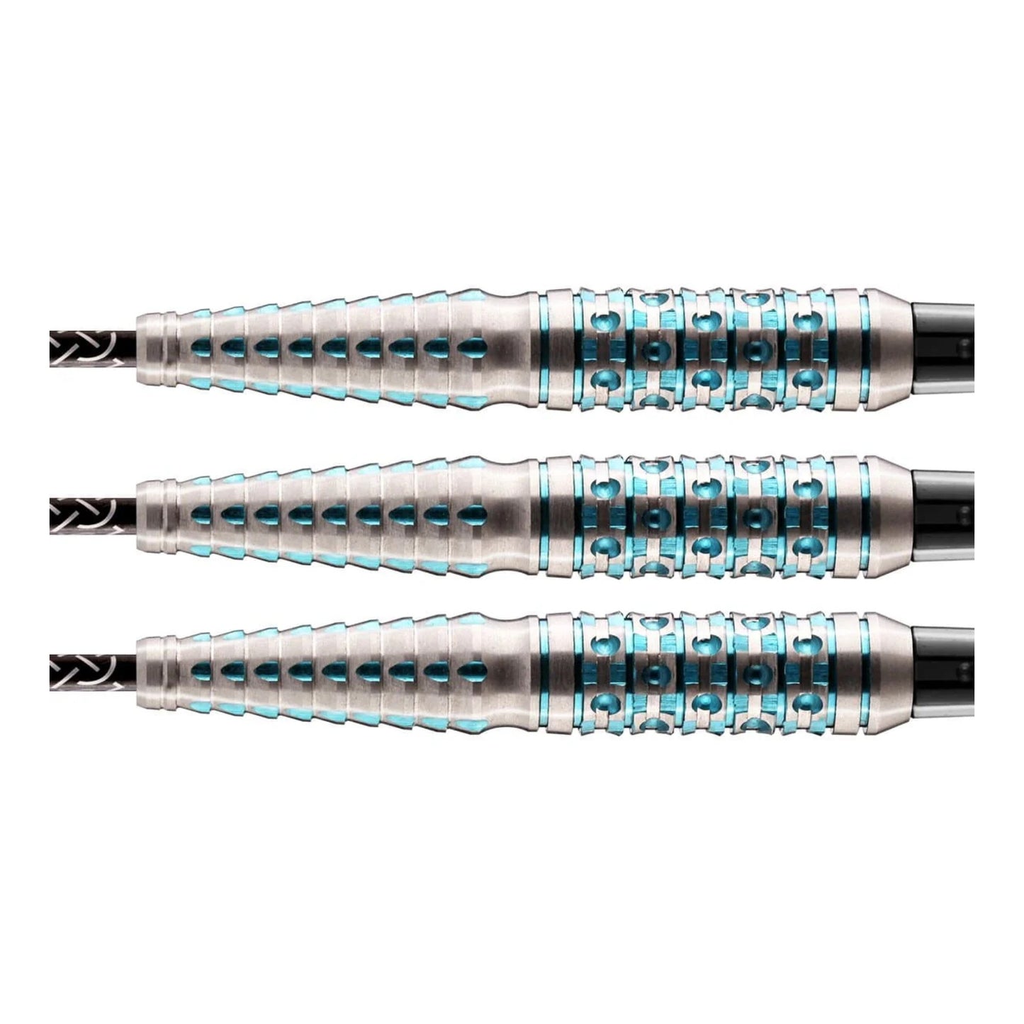 Close up of Shot Viking Drakkar dart barrels showing deep blue coating and shark fin grip